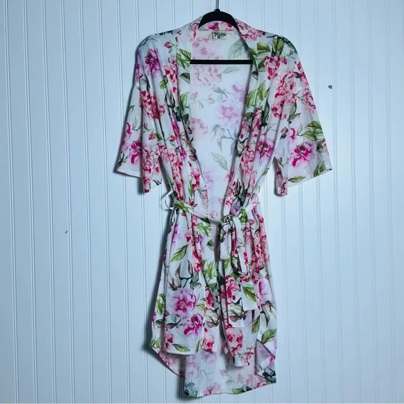 ANTHROPOLOGIE SHOW ME YOUR MUMU STRETCH BOHO WHITE PINK FLORAL SHORT ROBE OSFM - Picture 3 of 10